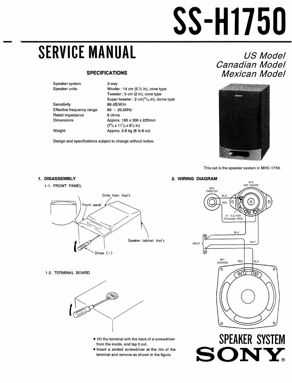 sony ss h 1750 service manual