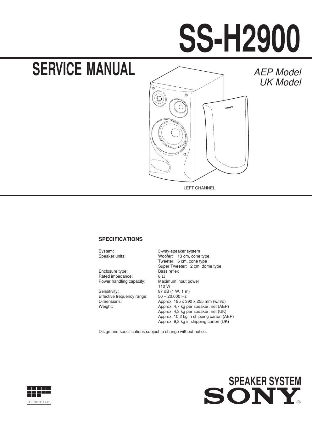 sony ss h 2900 service manual