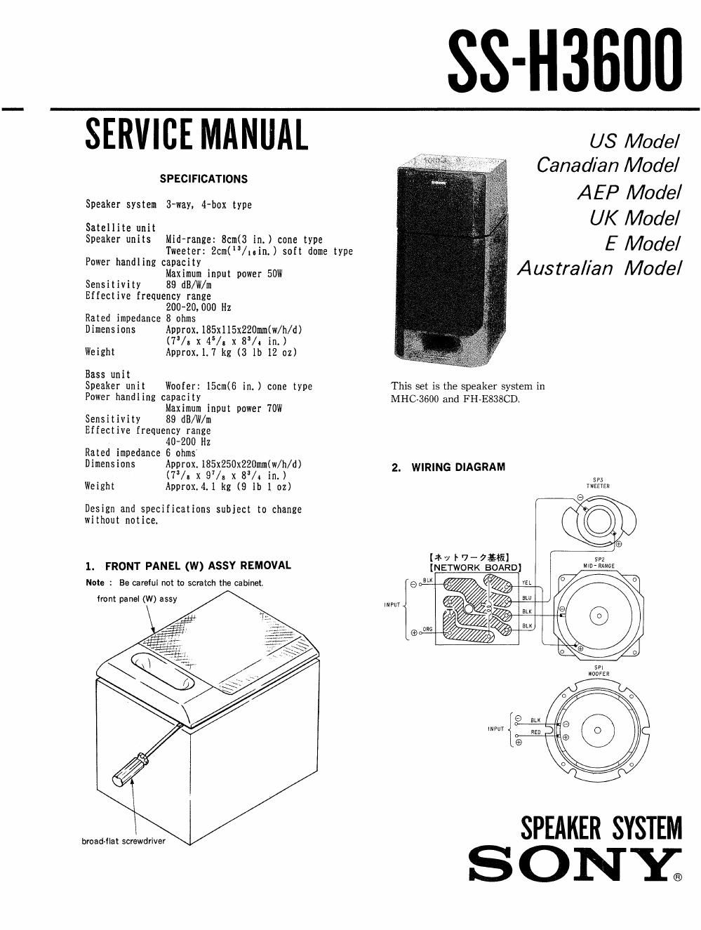 sony ss h 3600 service manual