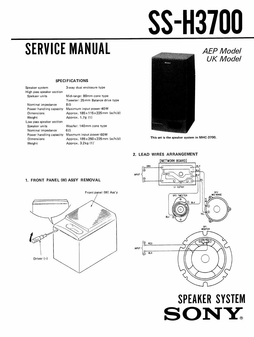 sony ss h 3700 service manual