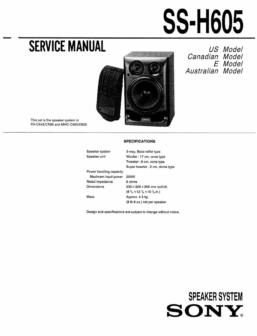 sony ss h 605 service manual