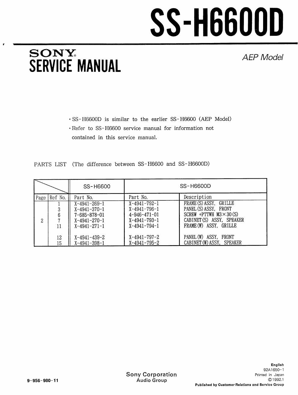 sony ss h 6600 d service manual