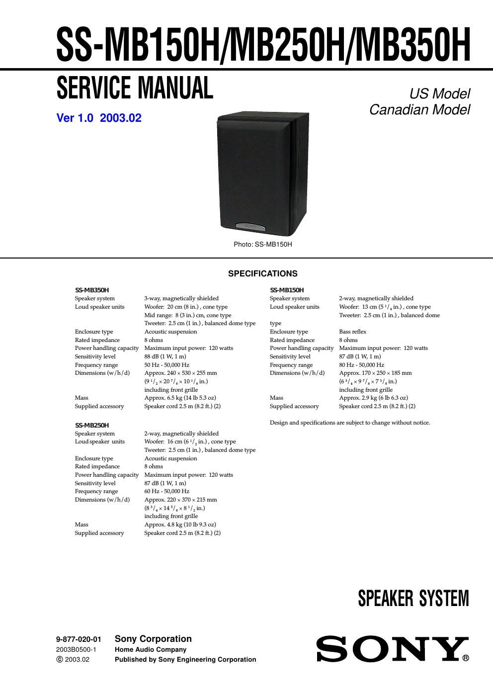 sony ss mb 250 h service manual