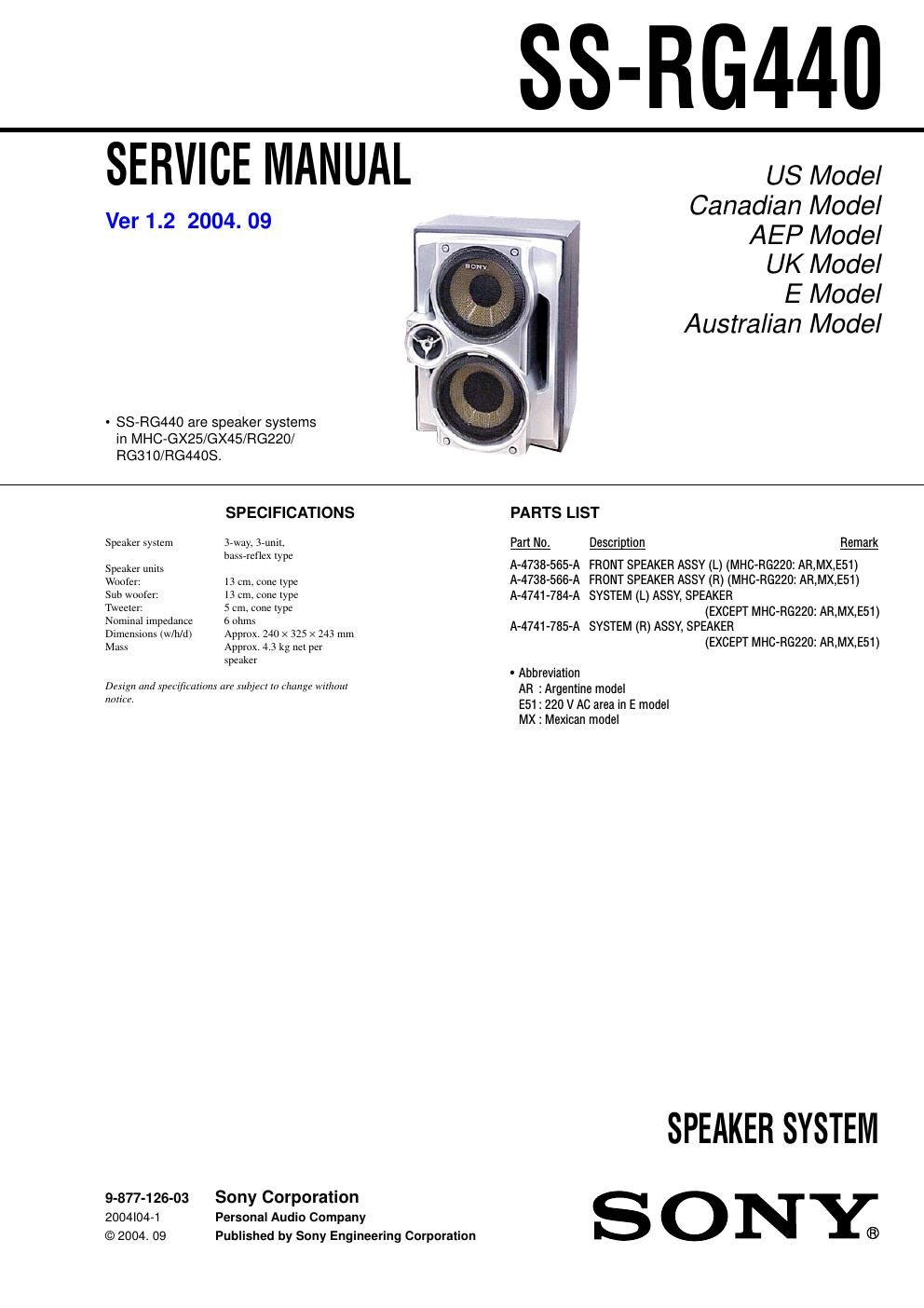 sony ss rg 440 service manual