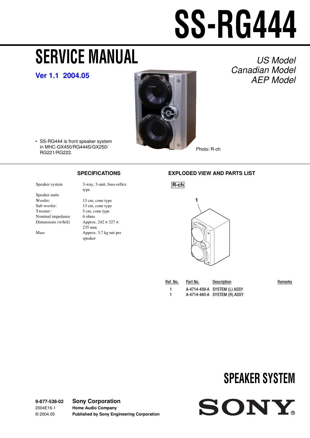 sony ss rg 444 service manual