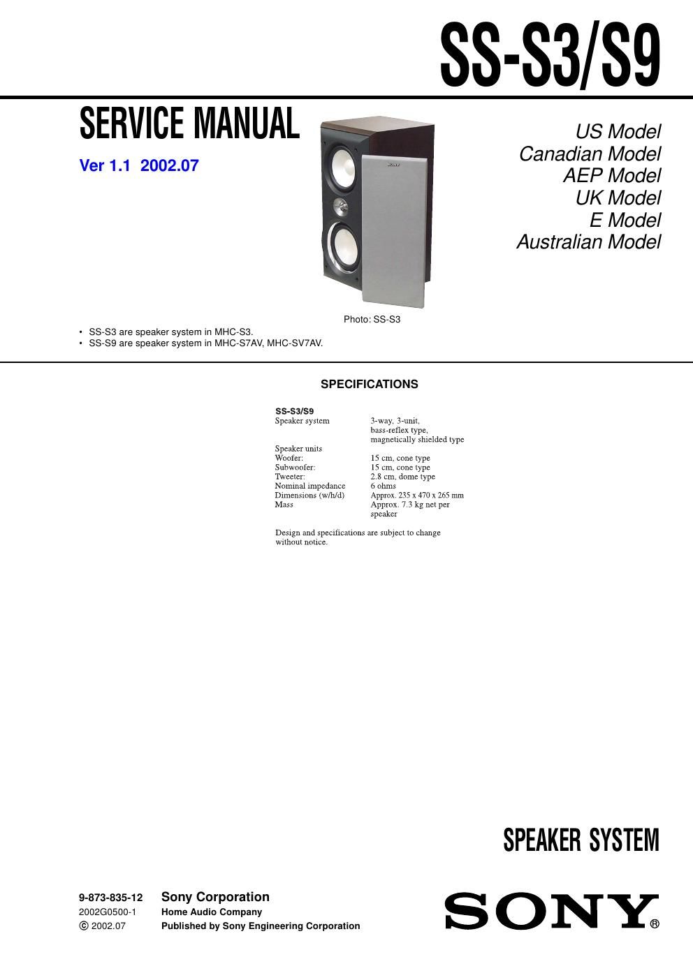 sony ss s 3 s 9 service manual