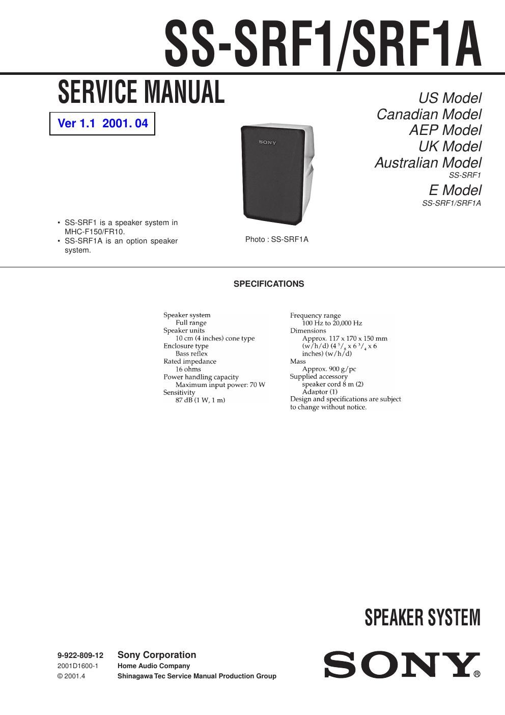 sony ss srf 1 service manual