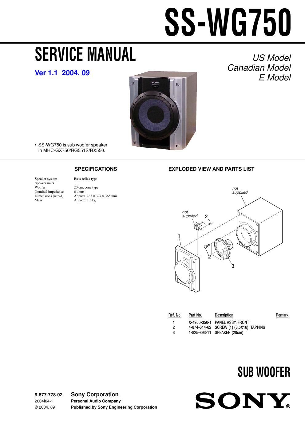 sony ss wg 750 service manual