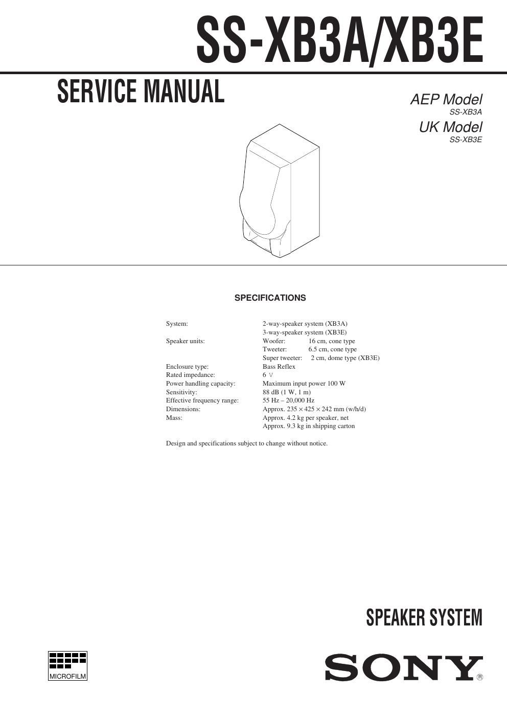 sony ss xb 3 e service manual