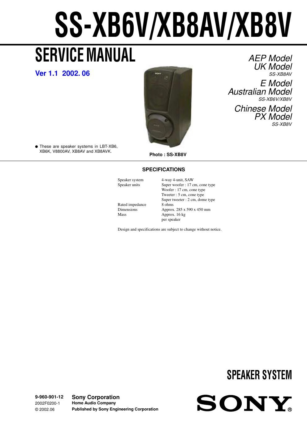 sony ss xb 8 av service manual