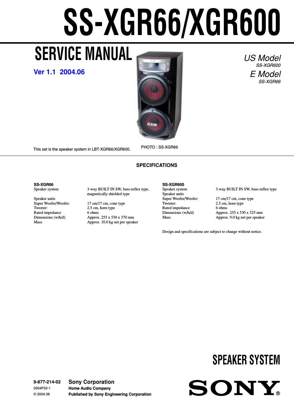 sony ss xgr 66 service manual