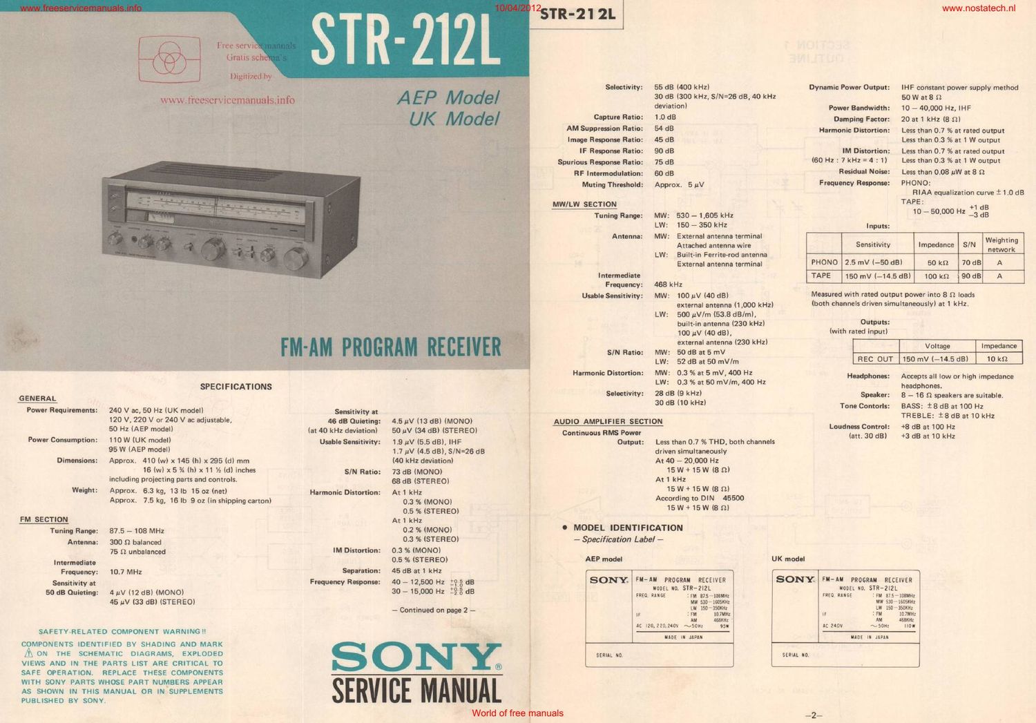 sony str 212l rec service manual