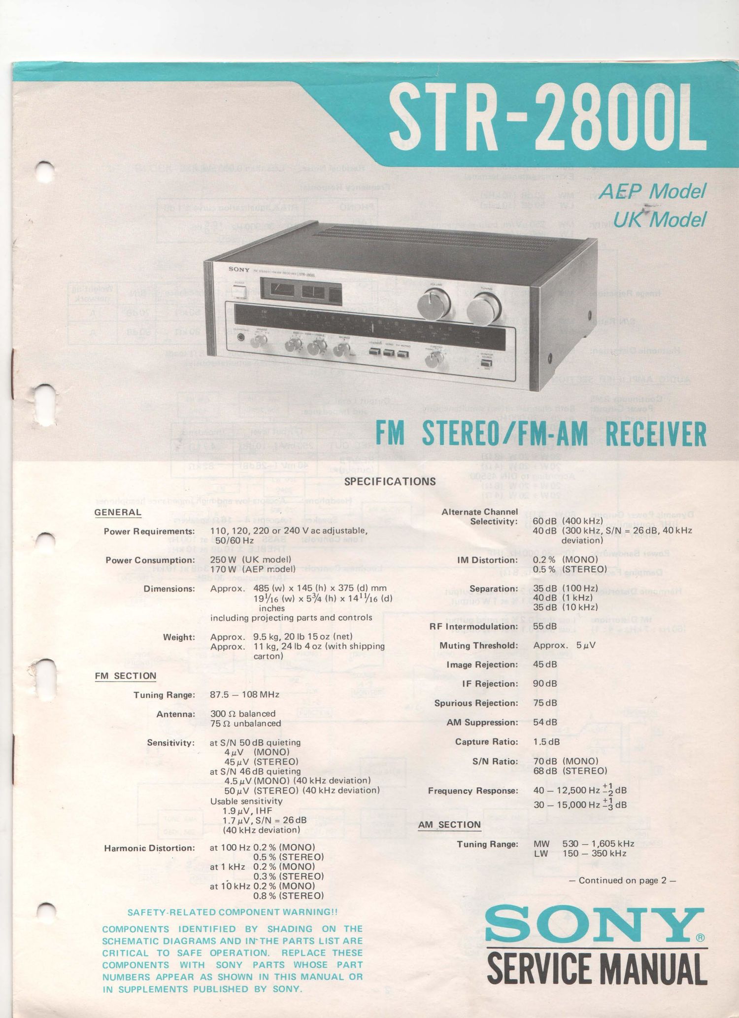 sony str 2800l rec service manual