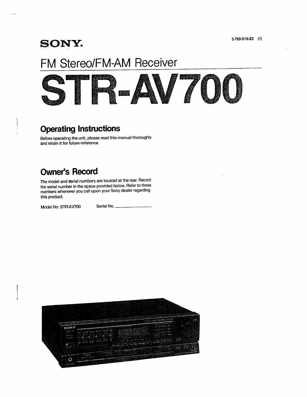 Sony STR av 700 Owners Manual