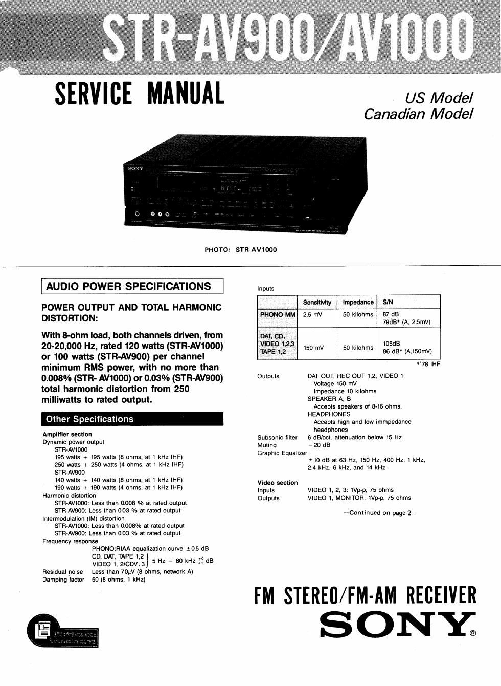 sony str av 1000 service manual