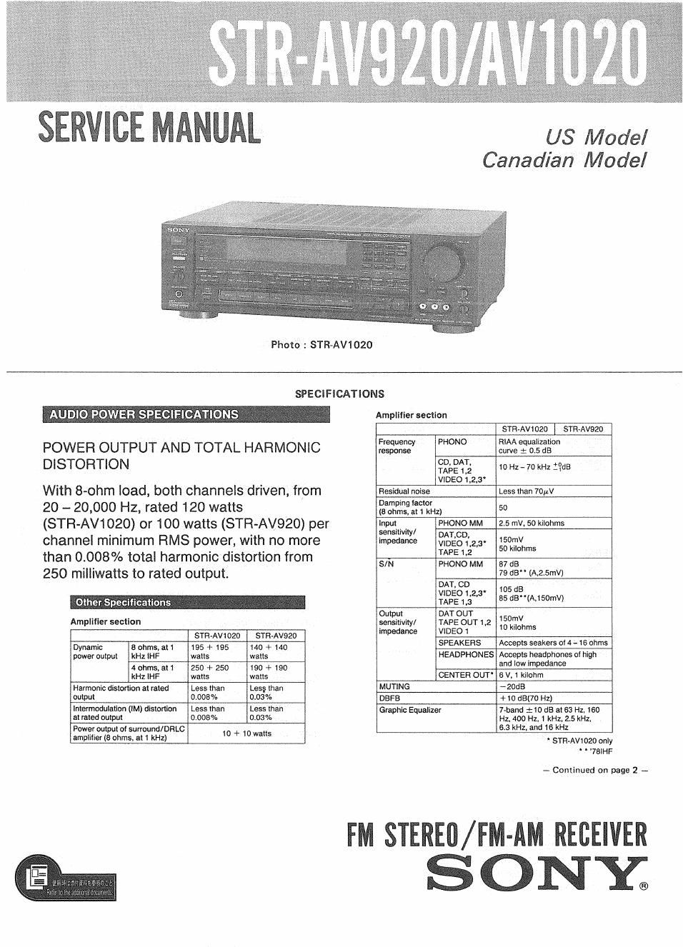 sony str av 1020 avr service manual