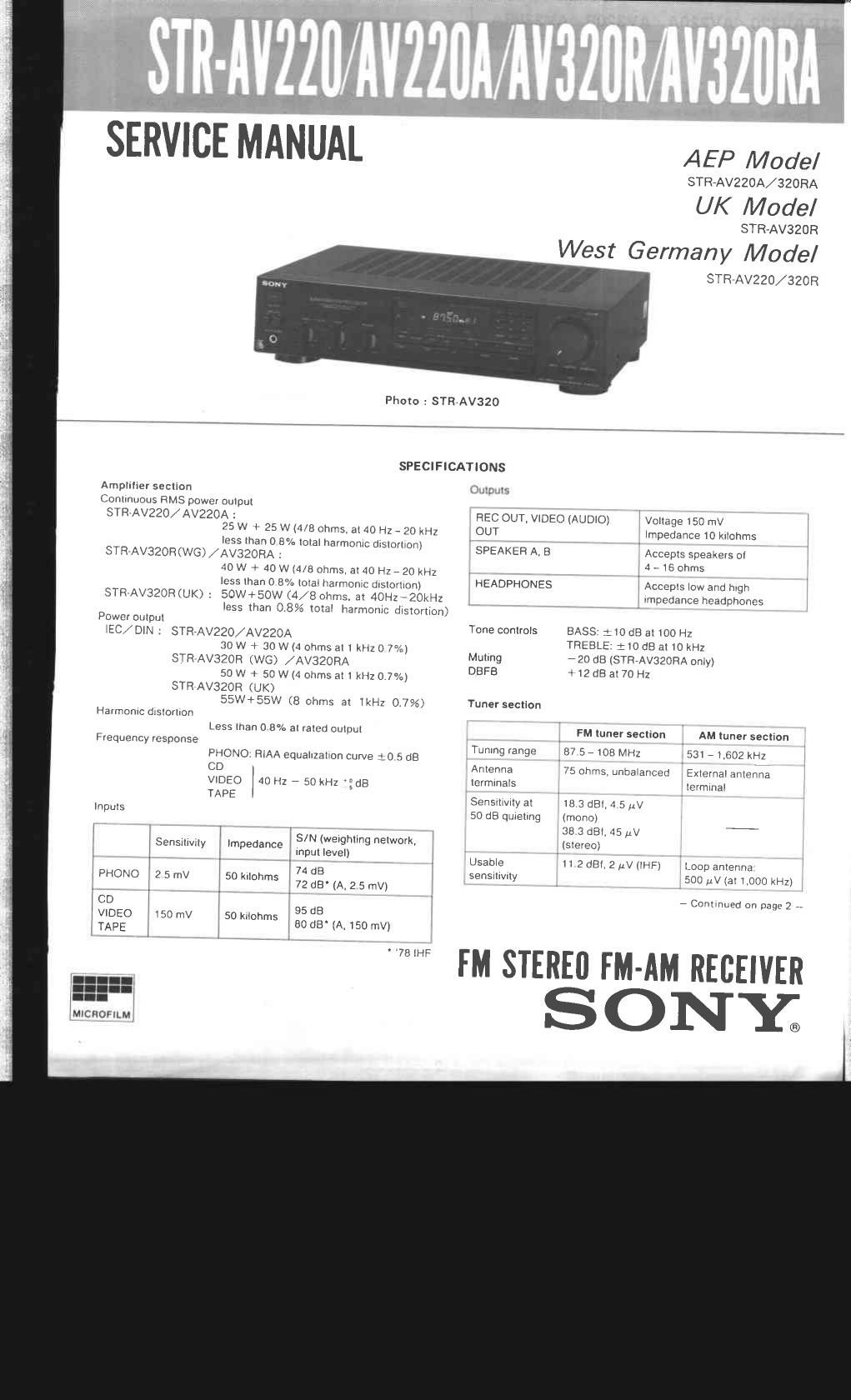 sony str av 220 rec service manual