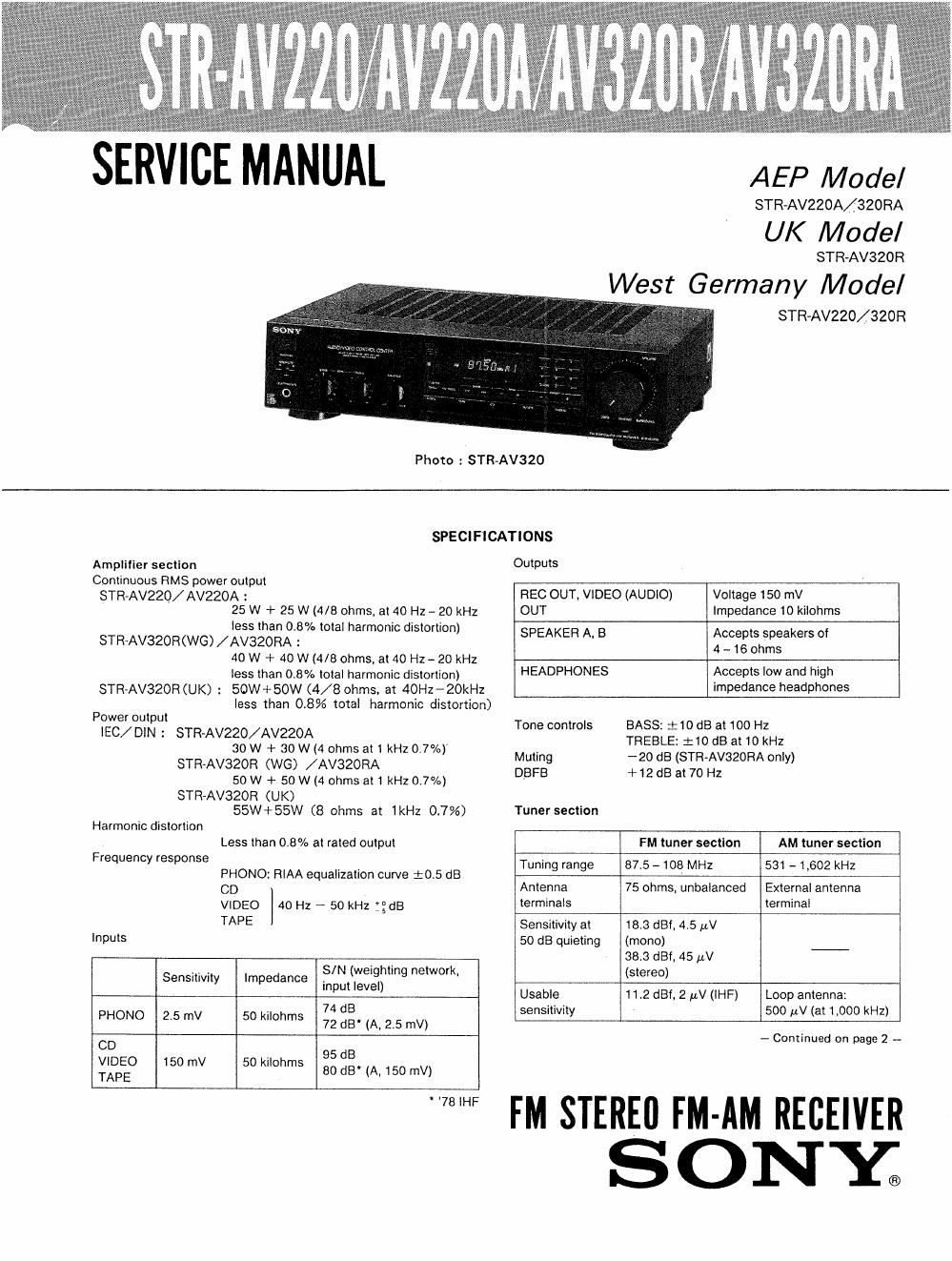 sony str av 220 service manual