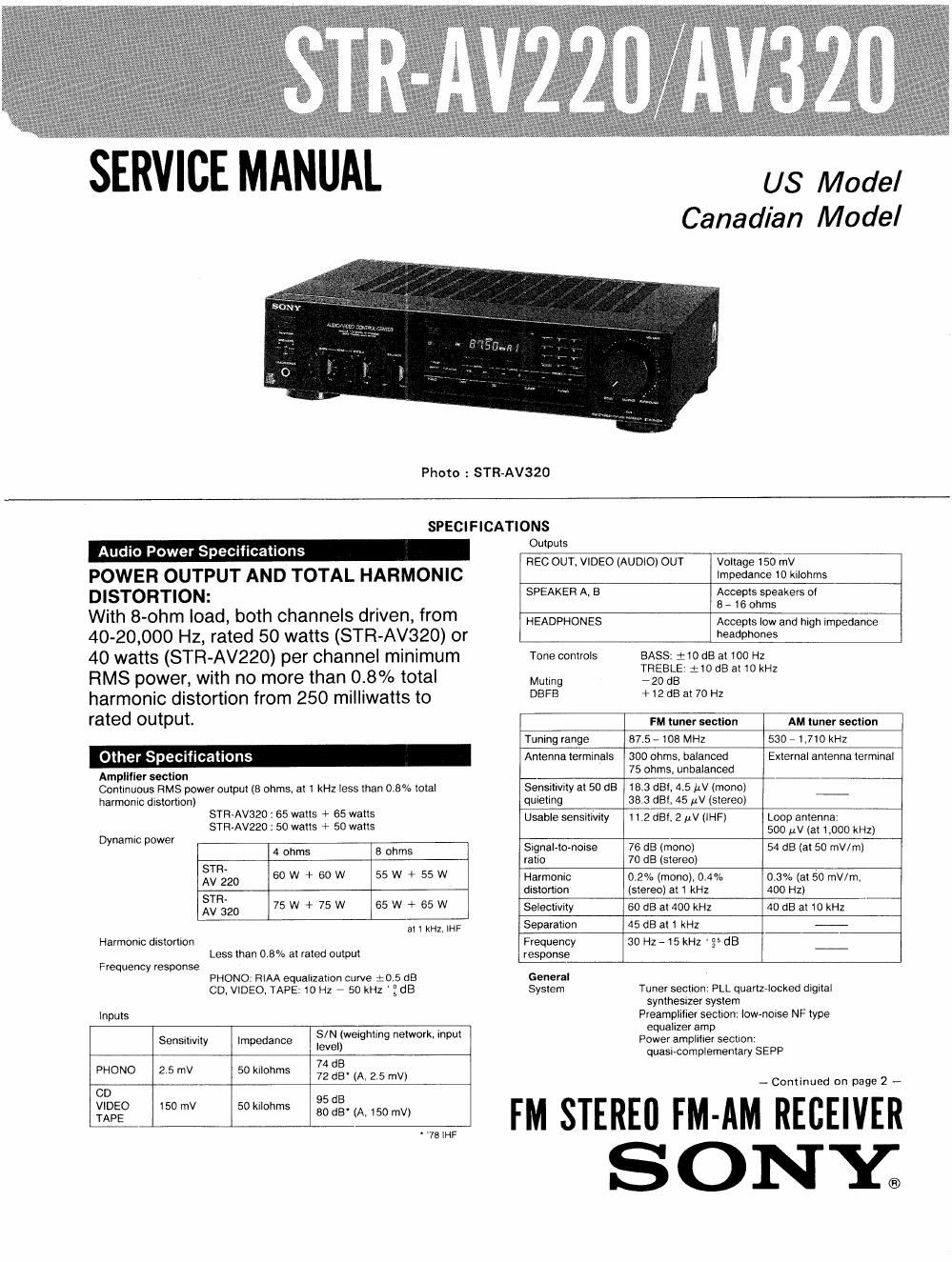 sony str av 320 service manual