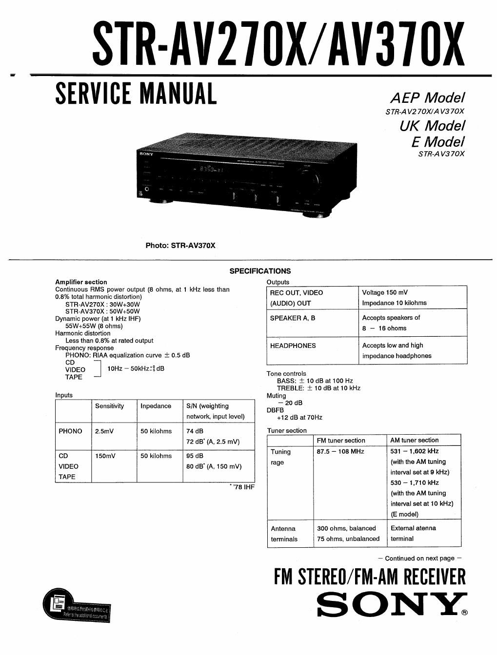 sony str av 370 x service manual