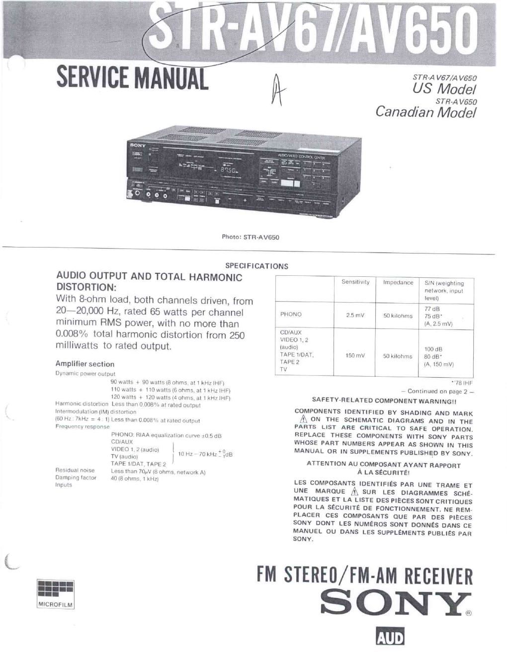 sony str av 67 rec service manual