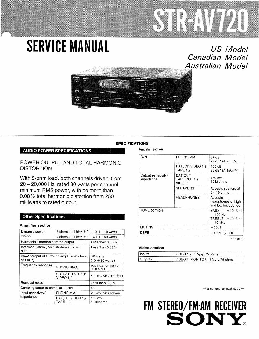 sony str av 720 service manual