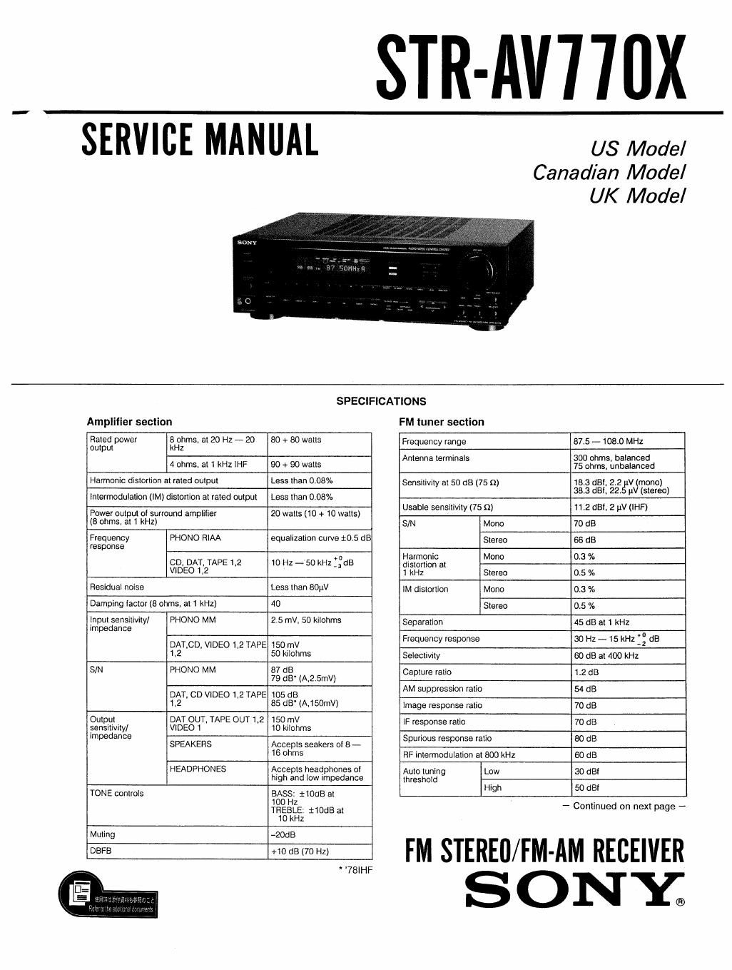 sony str av 770x service manual