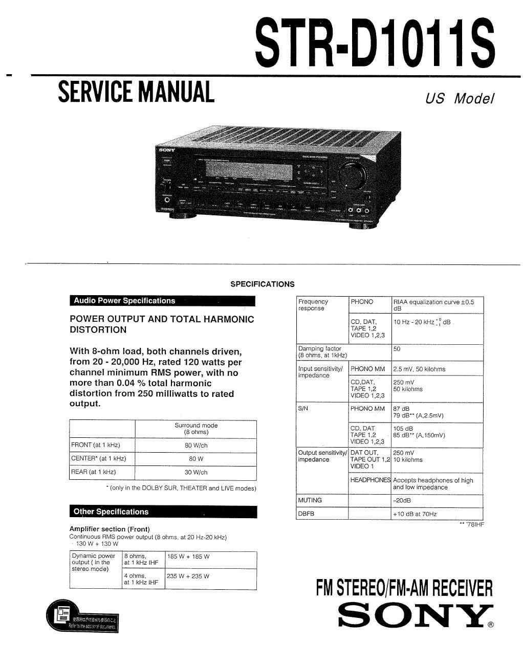 sony str d 1011 s service manual