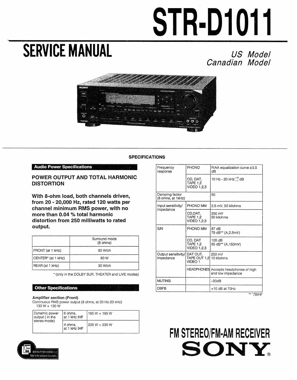 sony str d 1011 service manual