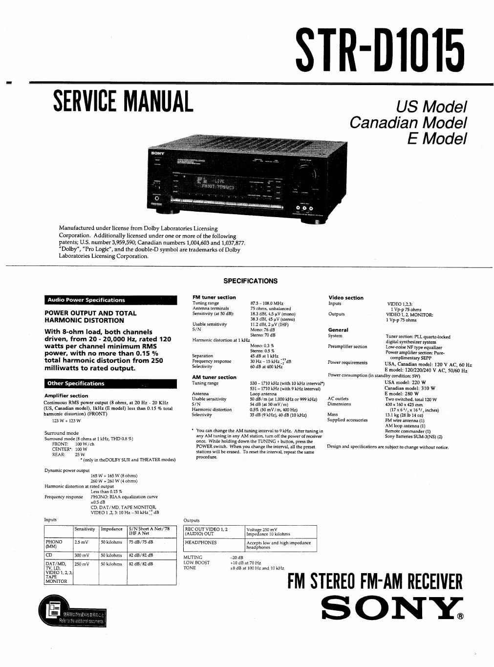 sony str d 1015 service manual