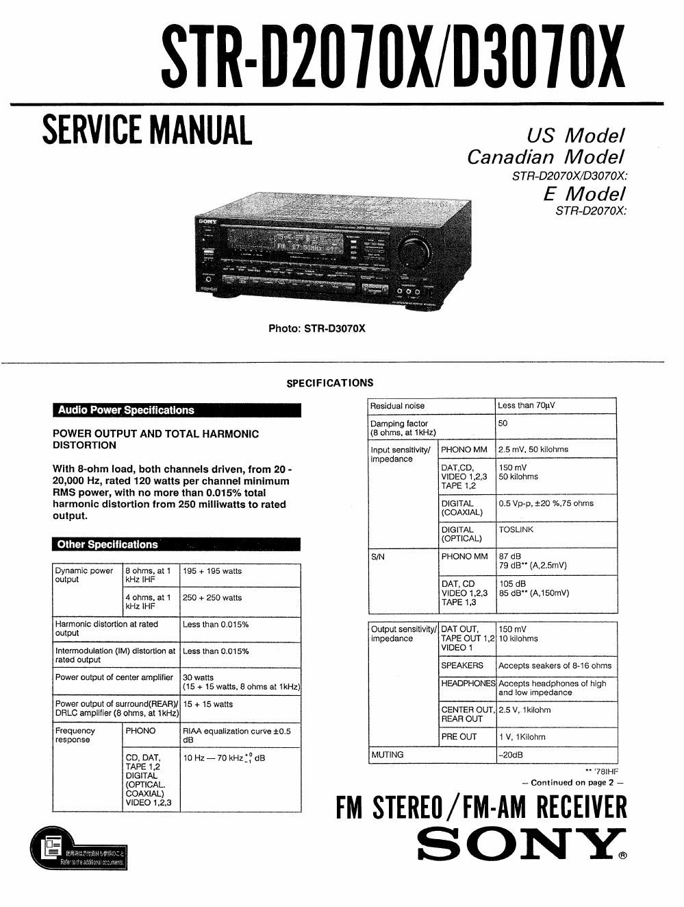 sony str d 2070 x service manual