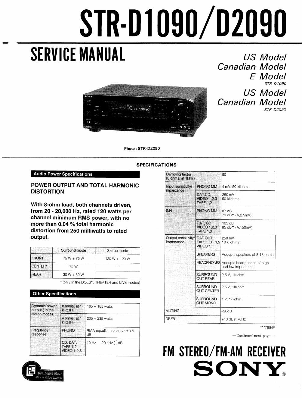 sony str d 2090 rec service manual