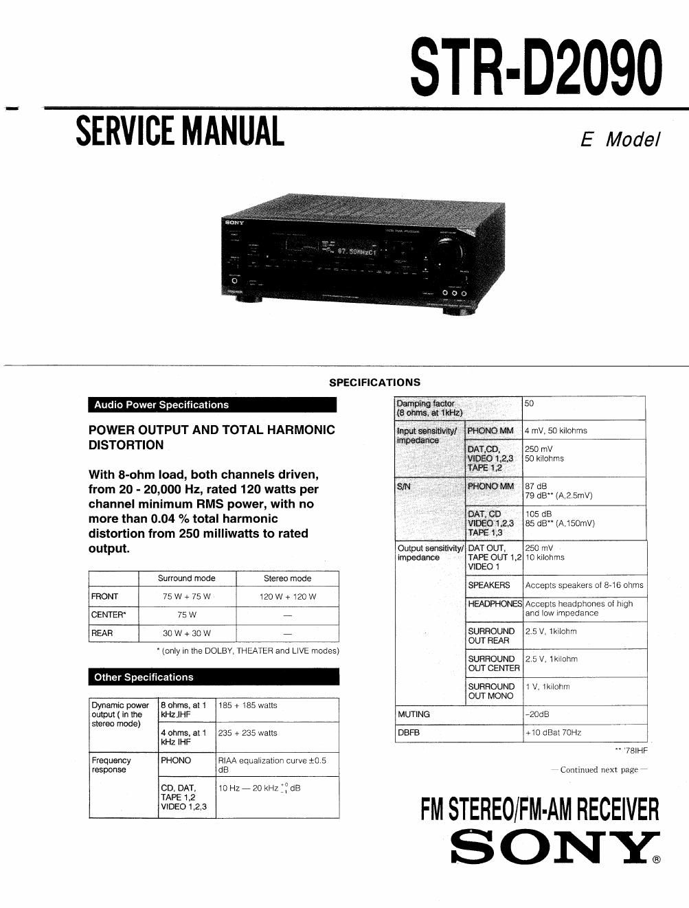 sony str d 2090 service manual