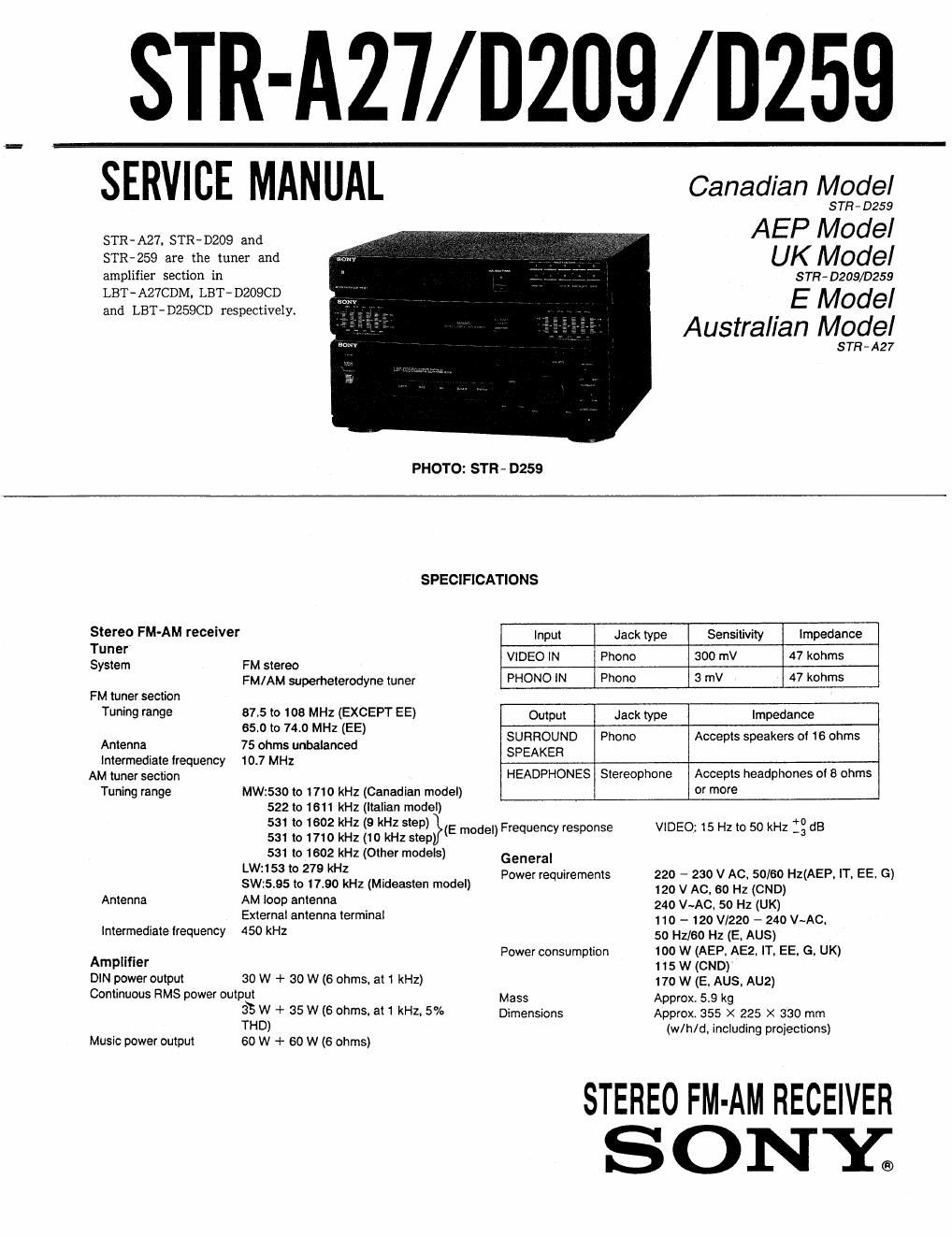 sony str d 259 service manual