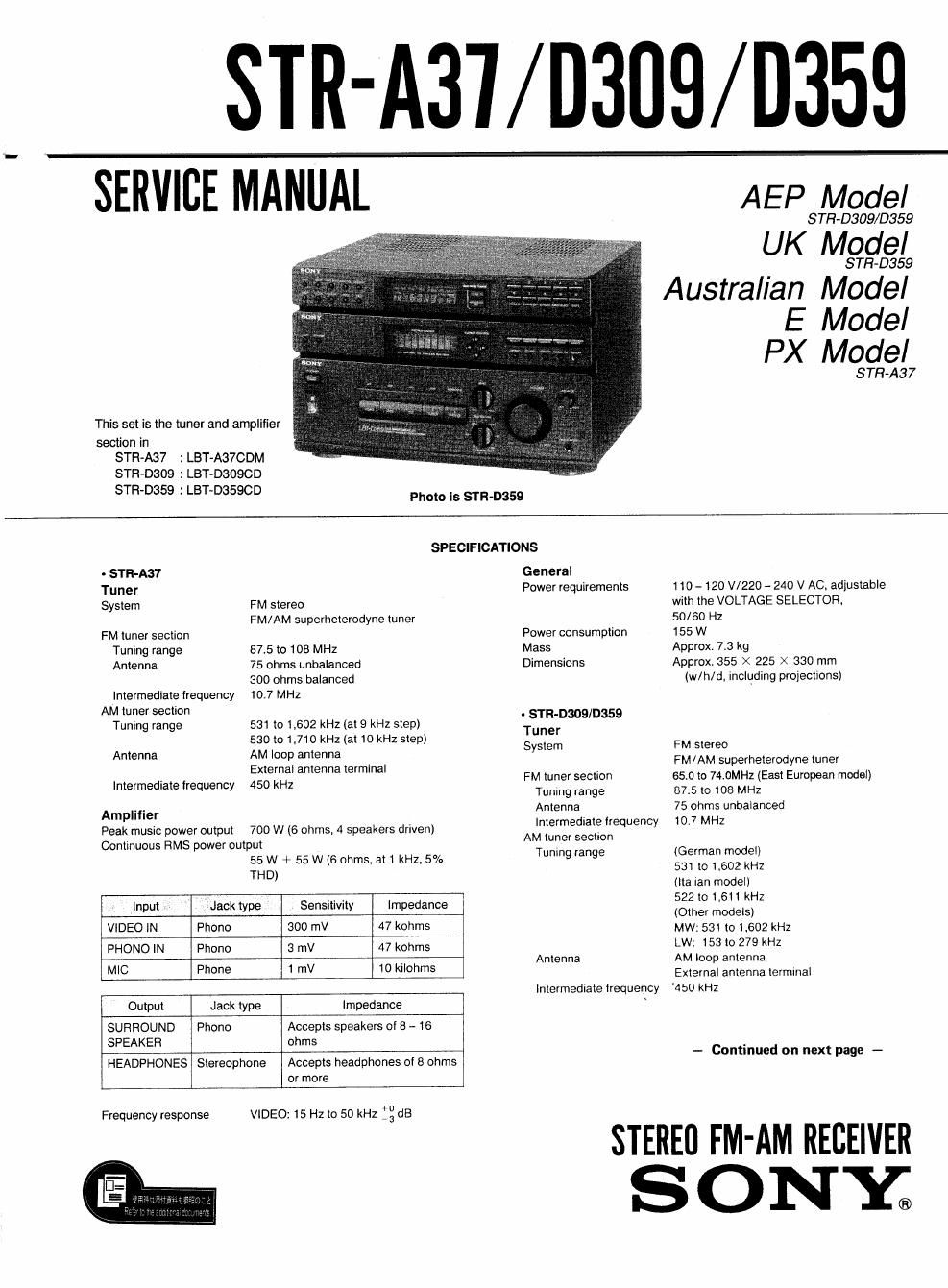 sony str d 309 service manual