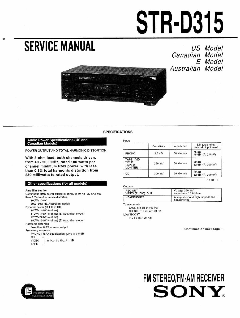 sony str d 315 service manual