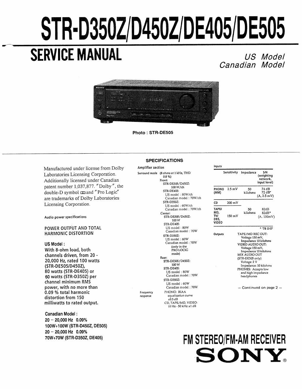 sony str d 350z 405z 450z 505z