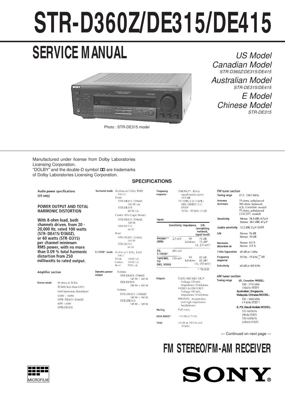 sony str d 360 z service manual