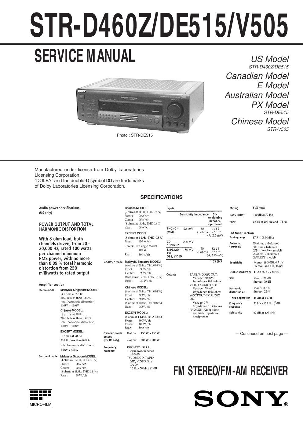 sony str d 460 z service manual