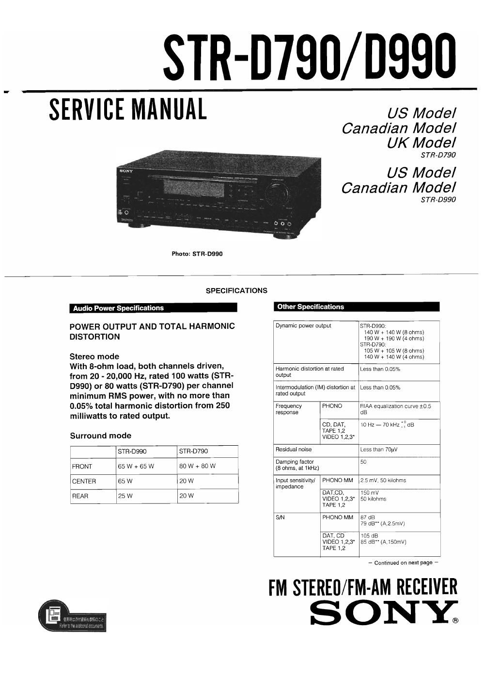 sony str d 990 service manual