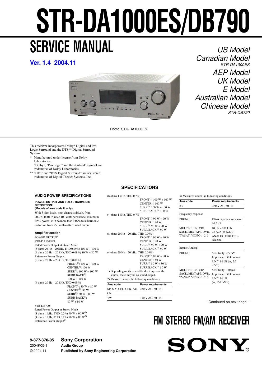 sony str da 1000 es service manual