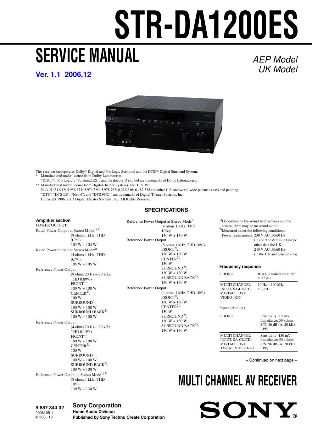 sony str da 1200 es service manual