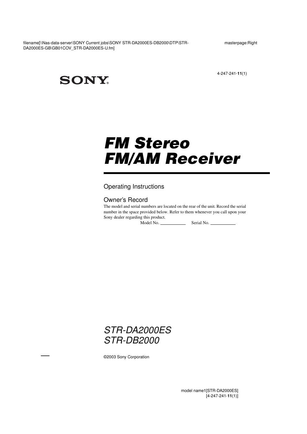 sony str da 2000 es owners manual