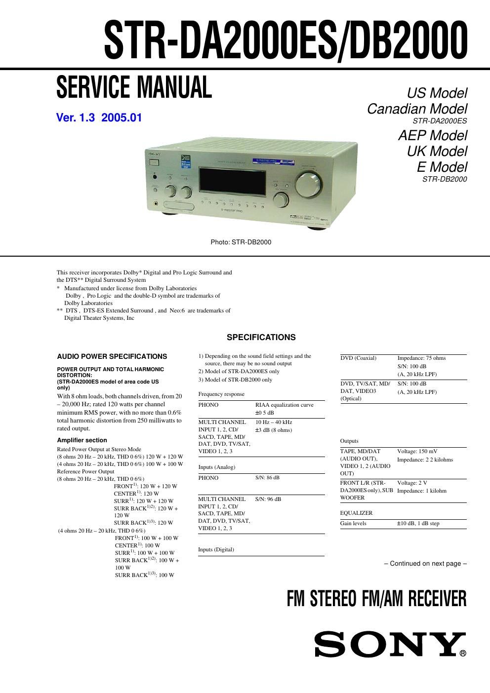 sony str da 2000es service manual