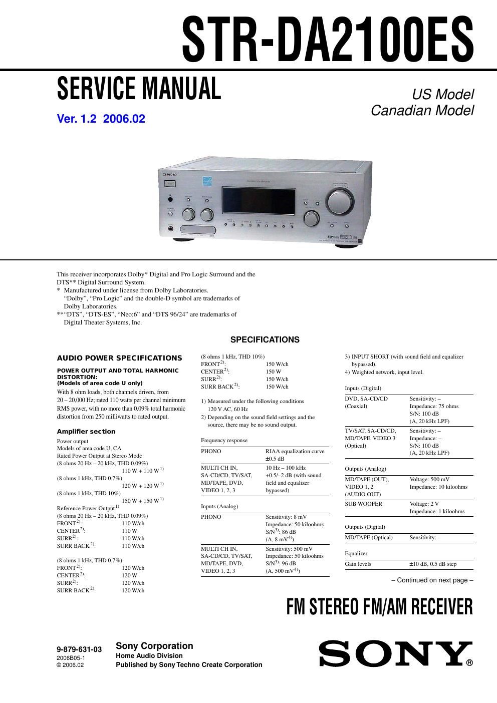 sony str da 2100 es service manual