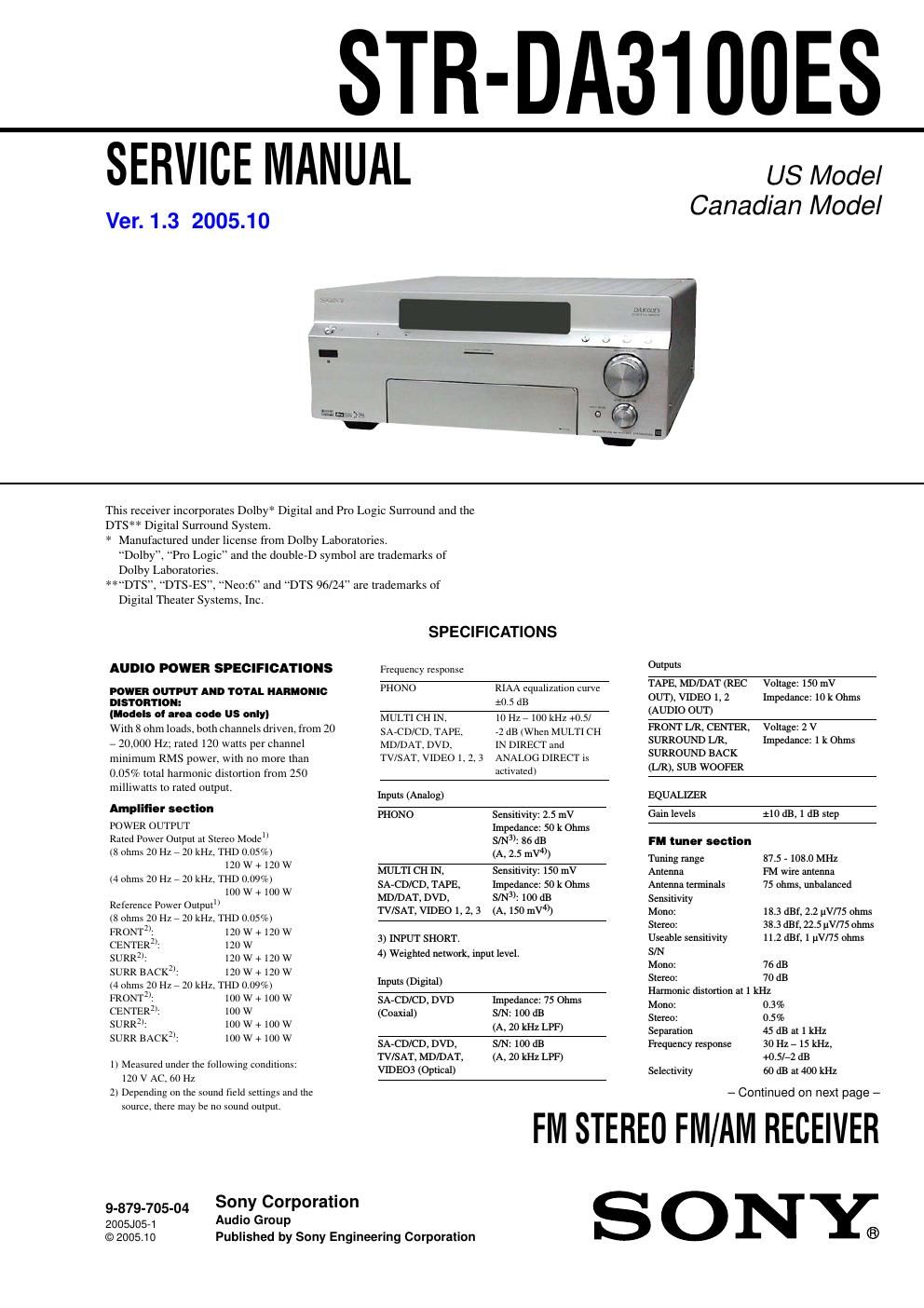 sony str da 3100 es service manual