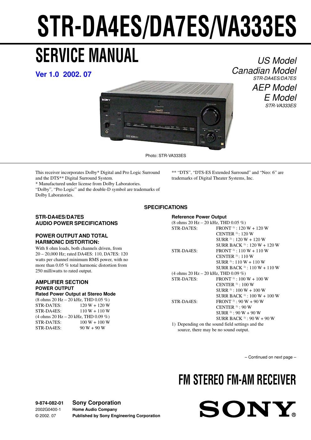 sony str da 4 es service manual