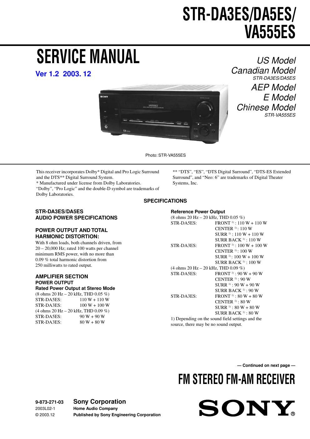 sony str da 5 es service manual