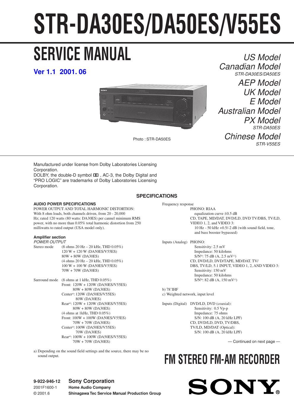 sony str da 50 es service manual