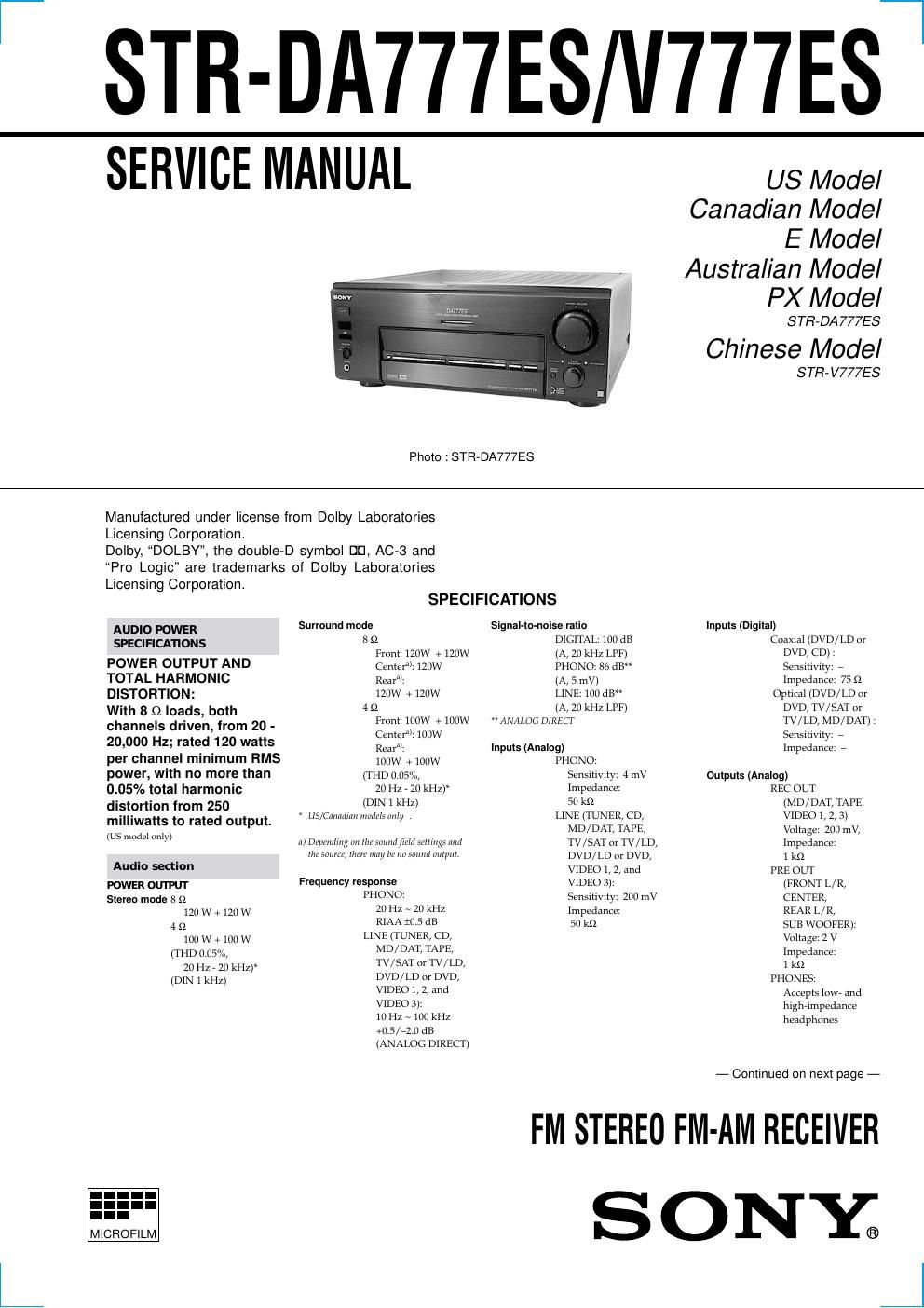 sony str da 777 es service manual